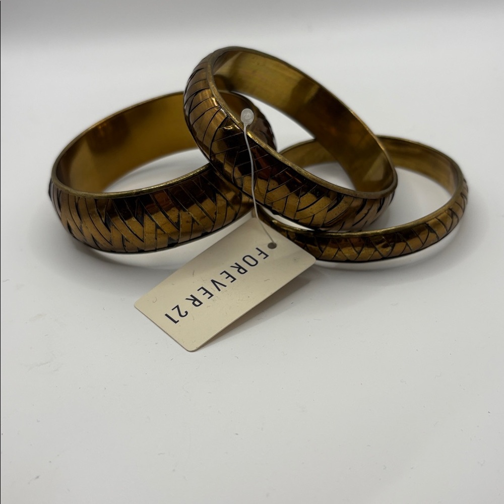 Forever 21 Antique Gold Textured Bangle Set 3 Bangles 5-6”